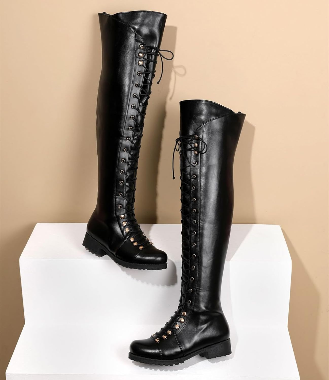 DADAWEN Women's Over The Knee Boots Square Toe Thigh High Boots with Side Zipper Lace Up Fashion Combat Boots Low Heel Fall Long Tall Boots for Women