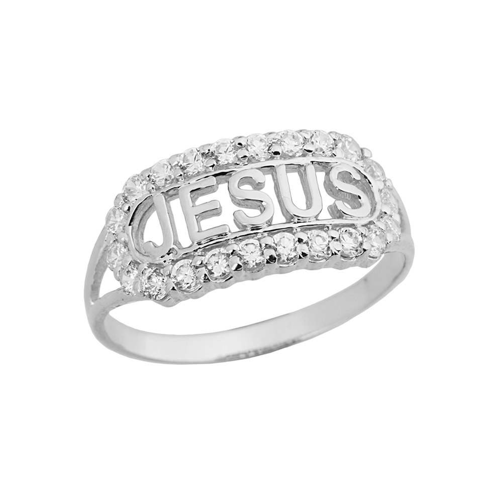 Claddagh GoldUnique Sterling Silver CZ"Jesus" Christ Christian Faith Ring (Size 7.5)