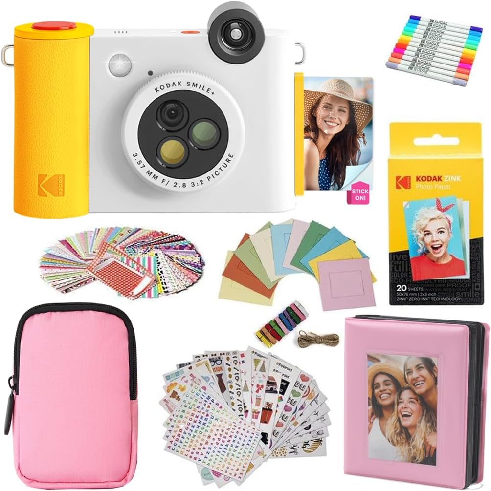 KODAK Smile+ 2-in-1 Digital Instant Print Camera & Photo Printer Gift Bundle + Case + Zink 20pk 2x3 Sticky Back Photo Paper + Album + Sticker Sets + Sticker Frames + Hanging Frames + Markers - White