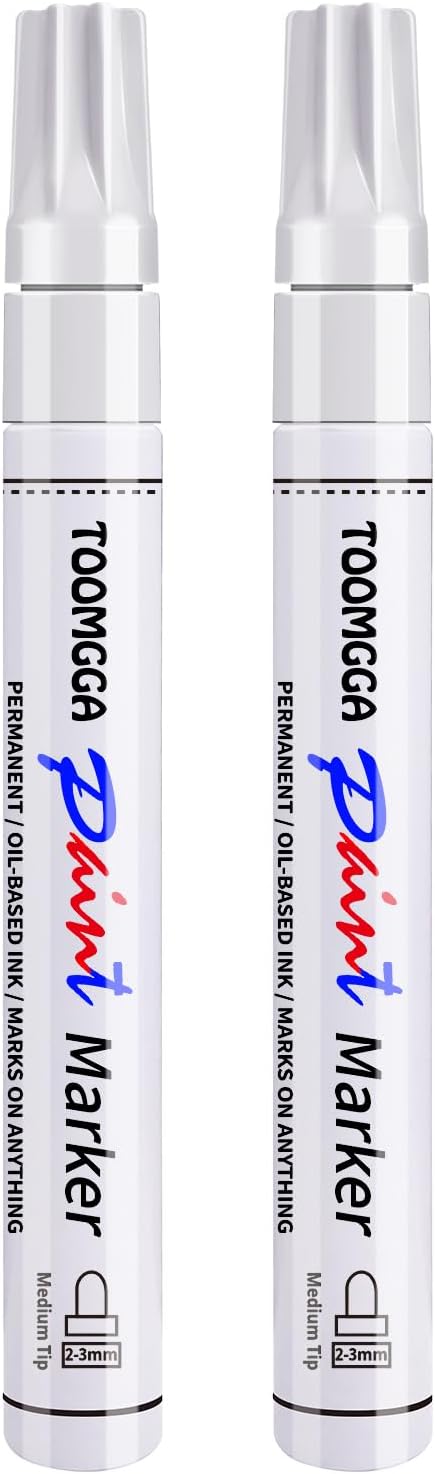 TOOMGGA White Paint Pens Permanent Paint Markers - 2 Pack Oil Based Marking Pens, Medium Point, Quick Drying and Waterproof Pens for Rock Painting Car Tyre Metal, Plastic, Canvas, Wood, Glass - Amazon product rated Grade B