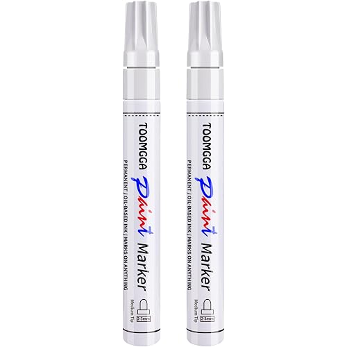 TOOMGGA White Paint Pens Permanent Paint Markers - 2 Pack Oil Based Marking Pens, Medium Point, Quick Drying and Waterproof Pens for Rock Painting Car Tyre Metal, Plastic, Canvas, Wood, Glass