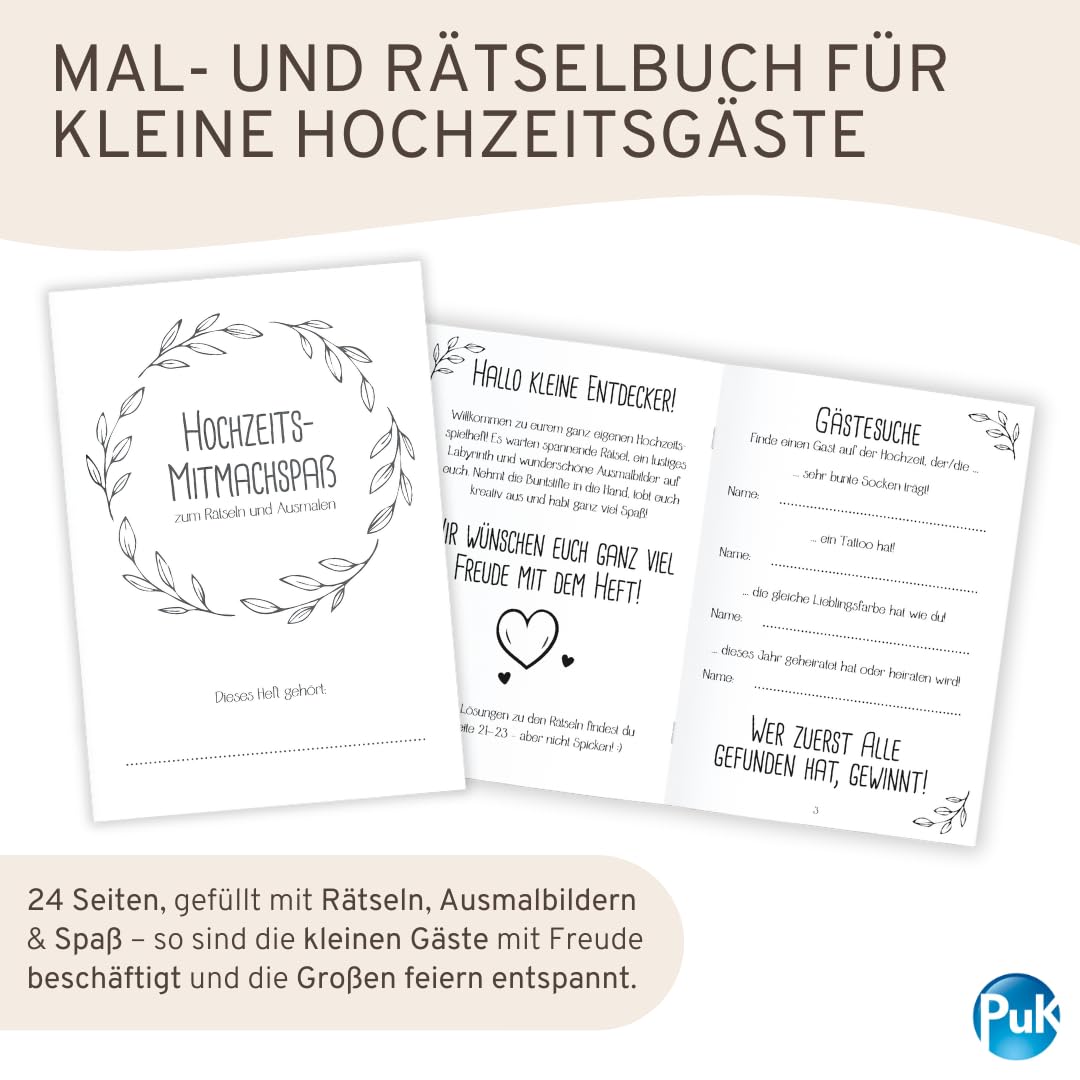 PuK Hochzeits-Mitmachspaß | Kinder-Beschäftigung Hochzeit Set | Malbuch & Rätselbuch für kleine Gäste | 6 oder 12 Hefte | Optional mit Buntstiften | Gastgeschenk Hochzeit Kinder (12, ohne Buntstifte)
