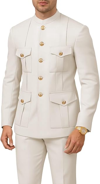 2 Piece Safari Suits for Men Slim Fit Mens Mandarin Collar Single Breasted Suit Multi-Pocket Blazer Pants Set