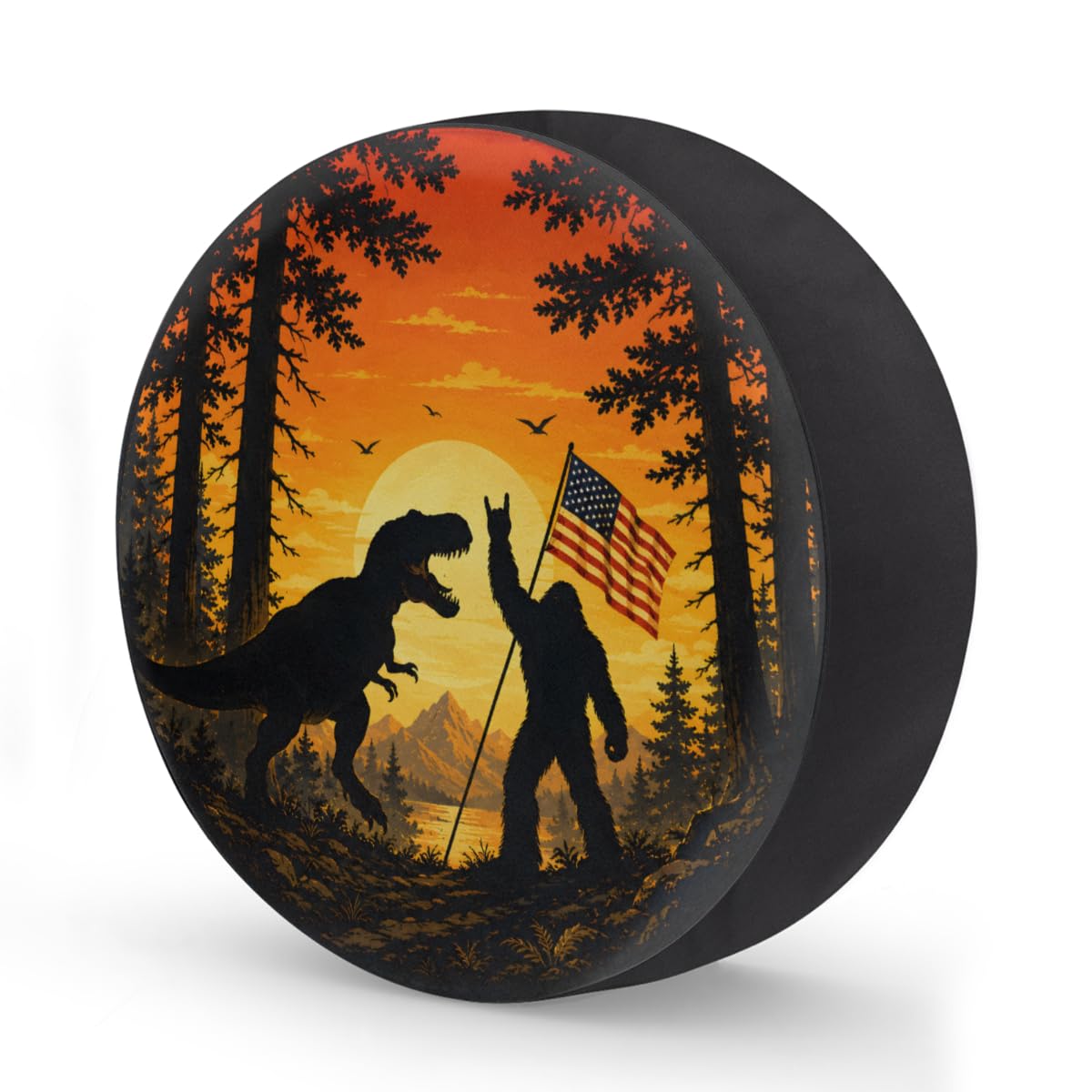 Bigfoot Dinosaur American Flag Spare Tire Cover Wheel Covers Protectors Waterproof Dust-Proof Universal Fit Trailer, RV, SUV and Many Vehicle 17 Inch,C-08