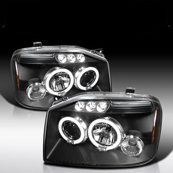 Autozensation Compatible with 2001-2004 Nissan Frontier, Left + Right Pair Headlamps Assembly, Projector Headlights Black W/LED Halo