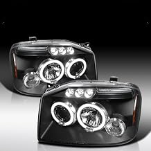 Autozensation Compatible with 2001-2004 Nissan Frontier, Left + Right Pair Headlamps Assembly, Projector Headlights Black W/LED Halo