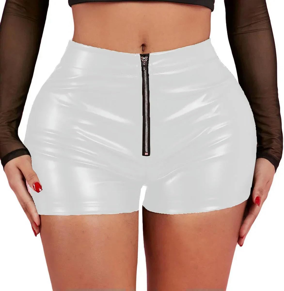 PU Leather Tight Fitting Women's Shorts Front Zipper Customizable