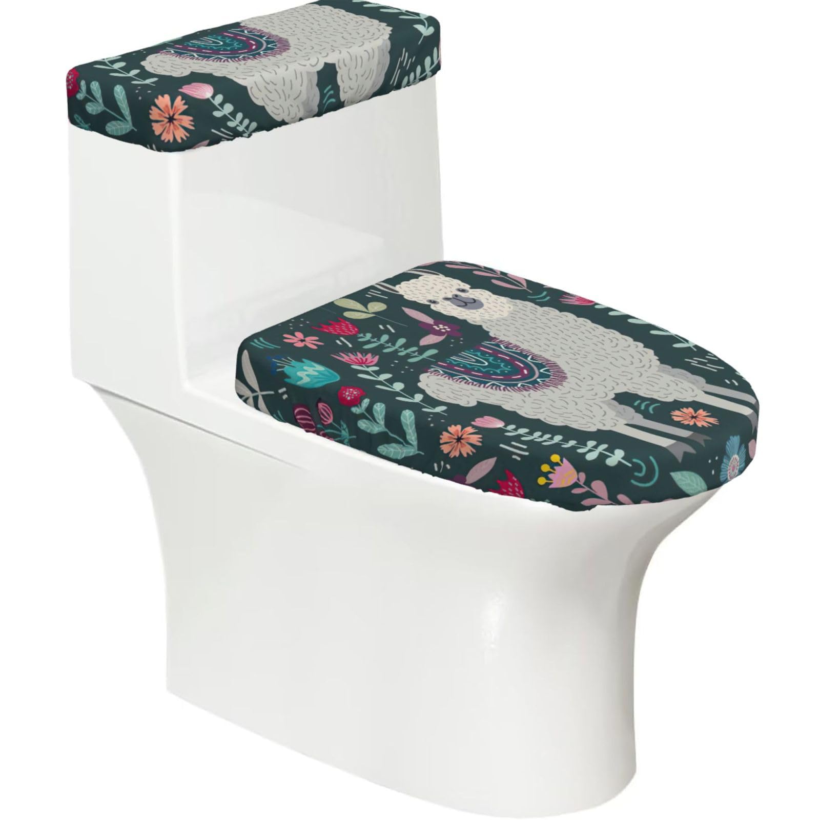 Cute Llama Floral Print Bathroom Decor Toilet Lid Cover And Tank Covers, Restroom Accessories Fits Most Round