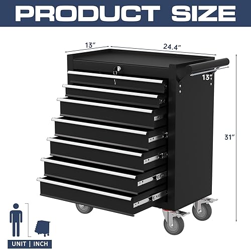 Miniatura 3 de Caja de herramientas de 7 cajones, carrito de herramientas con ruedas, armario de herramientas de alta capacidad con sistema de bloqueo para garaje,
