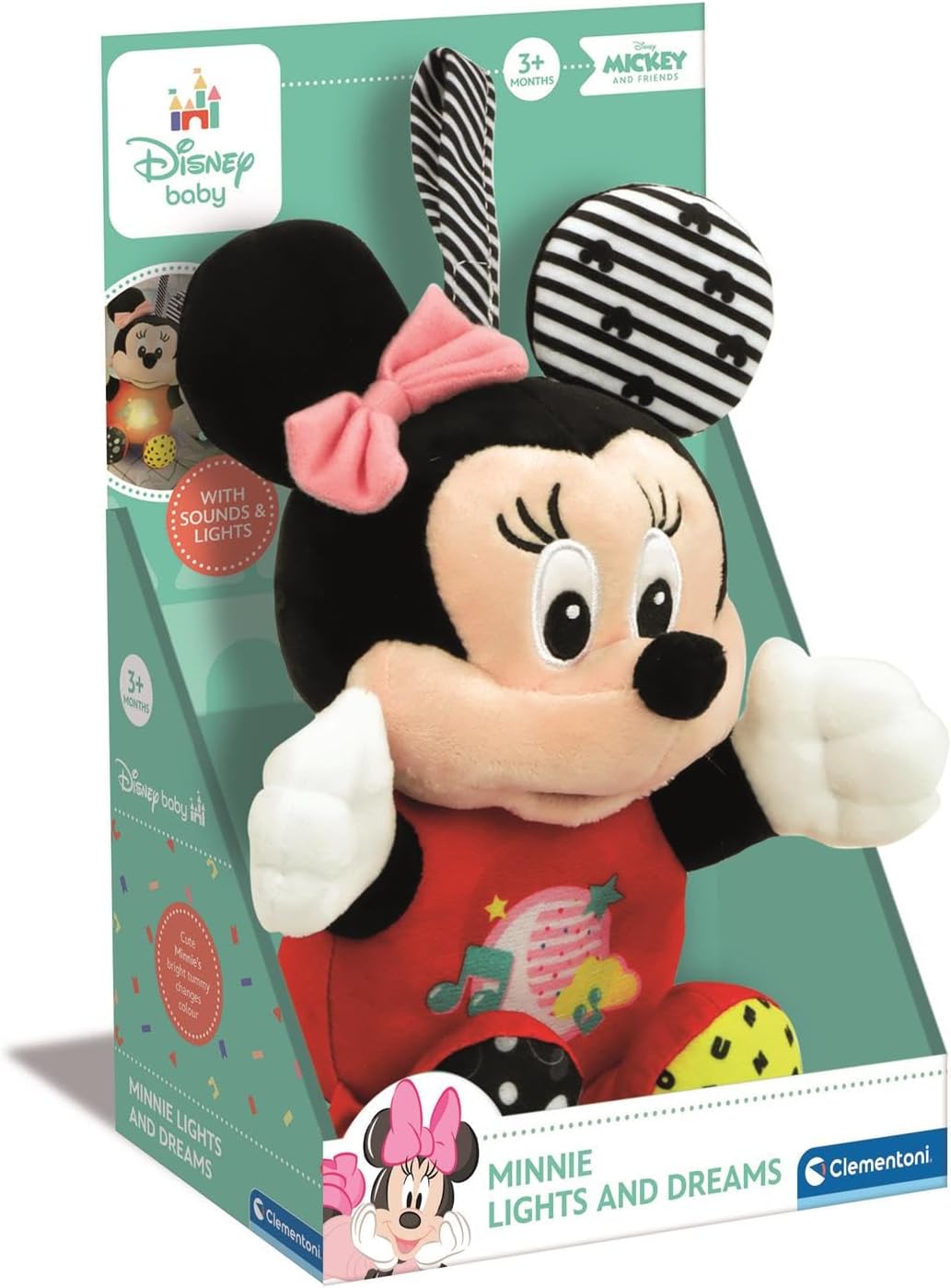 Back of Clementoni Baby Minnie Lighting Plush packaging with care instructions