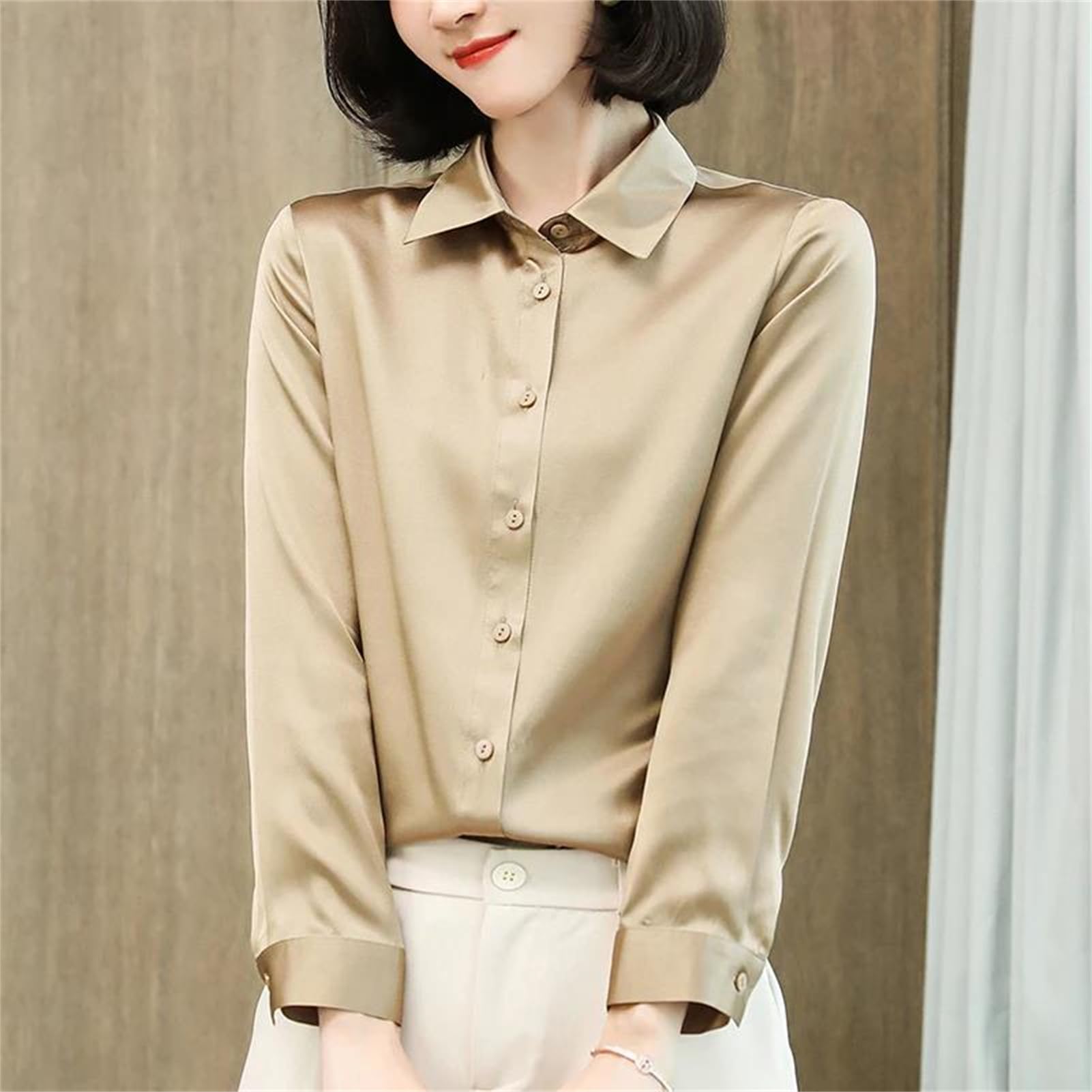 Blusa básica de satén de seda para mujer, cuello vuelto, manga larga, para oficina, trabajo, etc