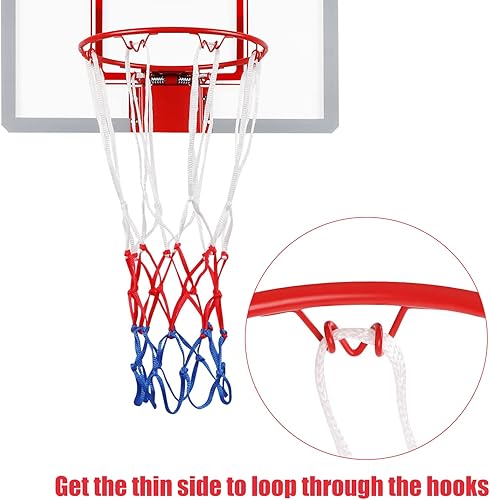 Miniatura 5 de Paquete de 2 mini redes de baloncesto de repuesto de 8 bucles, red de baloncesto pequeña de nailon resistente con colores vibrantes, antilátigos