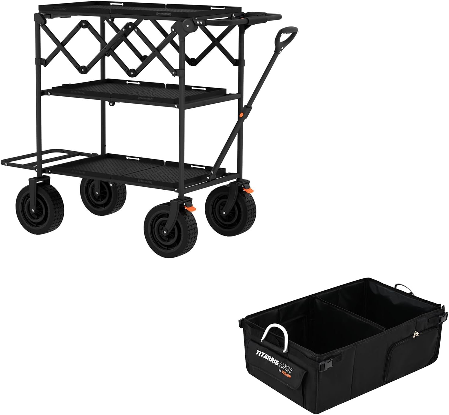 Bundle-2 Items: TARION Foldable Rolling Cart with 360° Swivel Wheels 3 Shelves Titanrig Basic, Foldable Storage Box with Dual Side Access Organizer