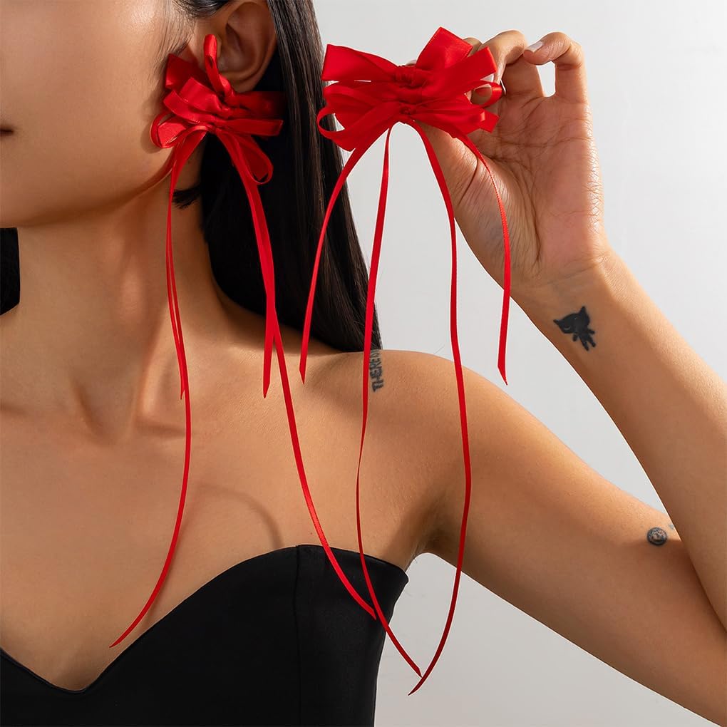 Handmade Long Ribbon Bow Earrings for Women Trendy Sweet Fabric Bowknot Tassel Dangle Earrings Lightweight Bow Drop Earrings Christmas Jewelry Gift - Image 3
