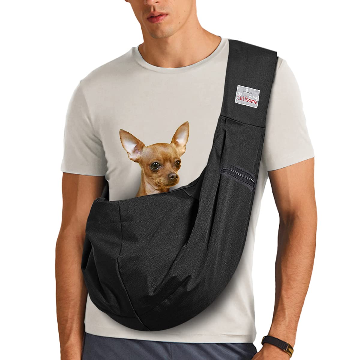 artisome Reversible Medium Dogs Cats Sling Carrier Bag Purse Travel Hand-Free Pet Backpack (Black 8-15 lbs)