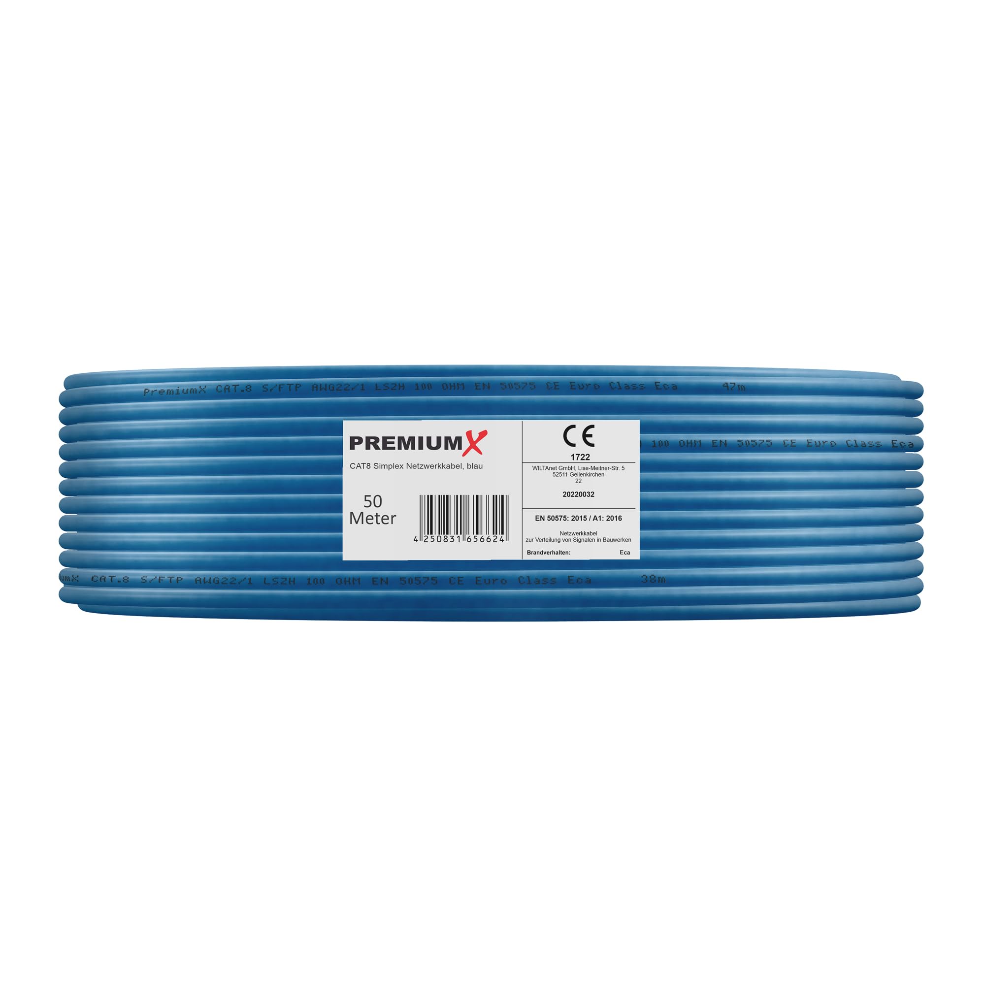 Premium X Câble réseau LAN CAT 8 de 50 m - Câble d'installation Ethernet Cat8 - 40 Gbit/s - AWG 23 - En cuivre pur S/FTP PiMF PoE - Classe Eca - Câble de données Simplex - Bleu