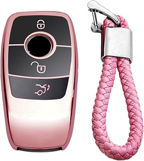 M.JVisun Suave Llave del Coche TPU Carcasas para Llaves para Mercedes-Benz 2019-2022 Clase A Clase C Clase G 2017-2022 Clase E 2018-2021 Clase S - Brillante Rosado - Trenzado Llavero