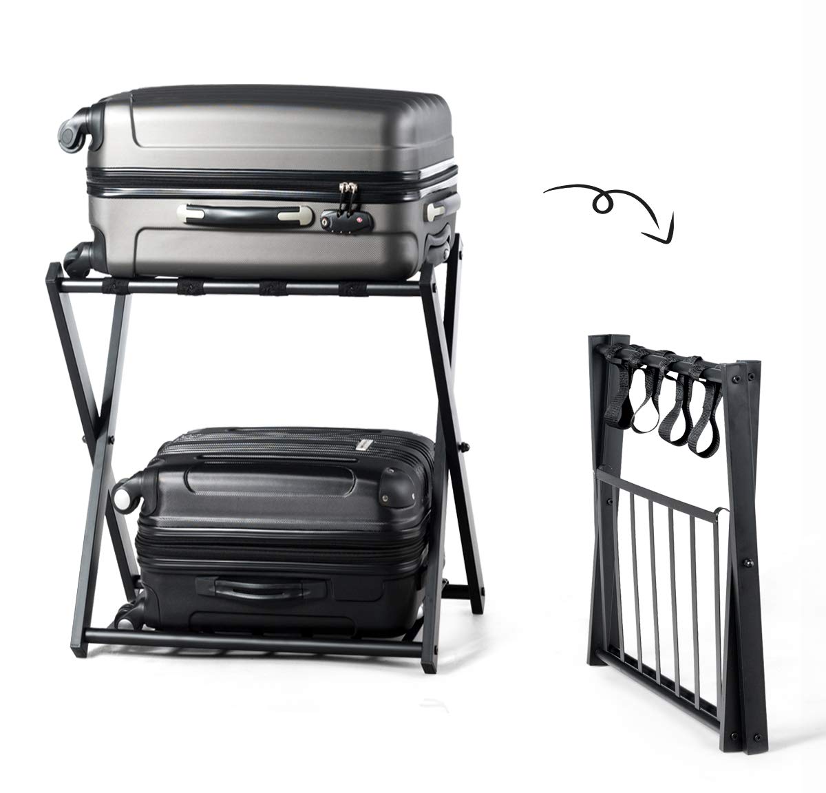 DREAMADE Kofferständer Metall, Gepäckständer Klappbar, Gepäckablage 2 Ablagen, Kofferablage für Schlafzimmer, Wohnzimmer & Hotel, Ständer für Koffer & Gepäck, Schwarz (1 Pack)