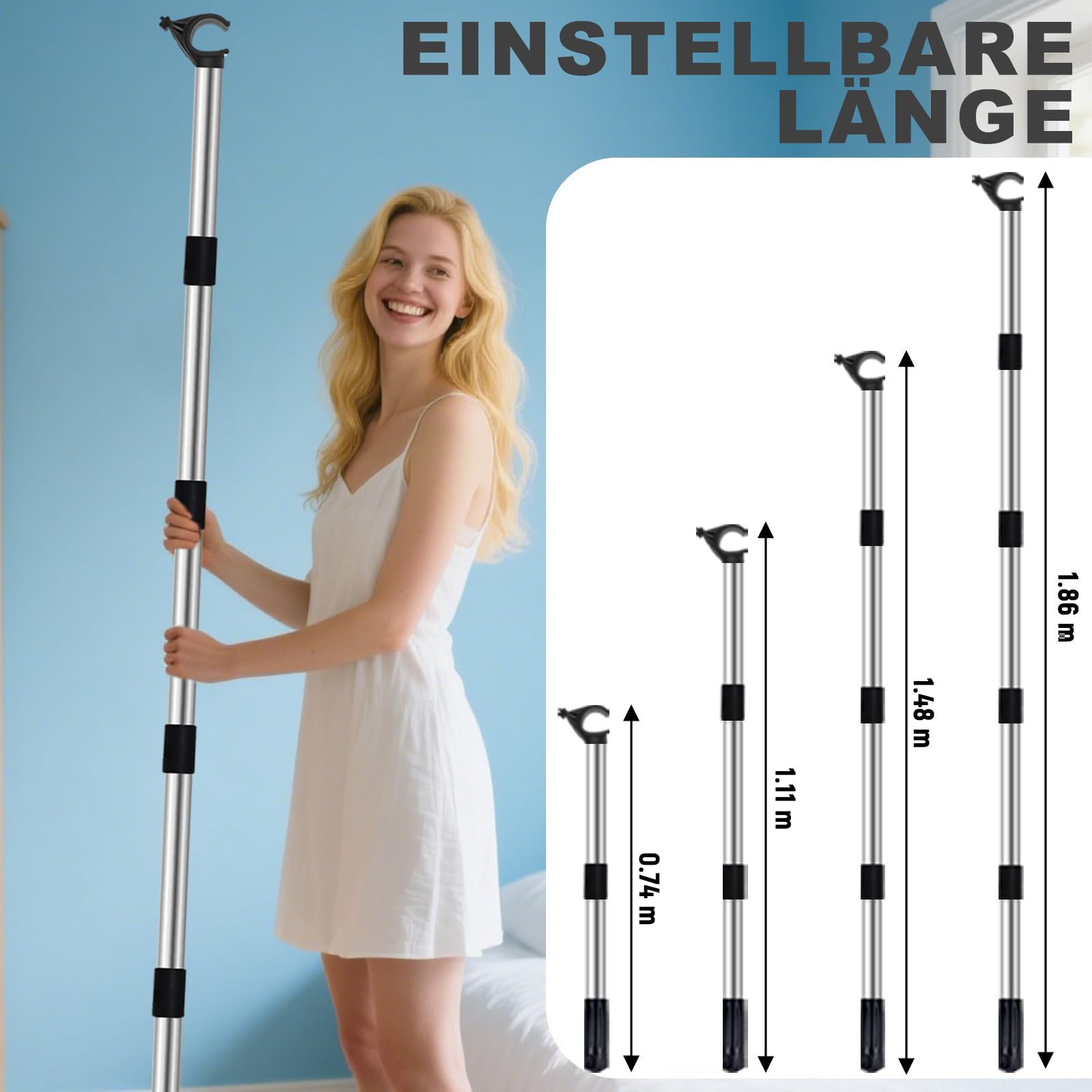Teleskopstange Dachfenster Bedienstange, Teleskop-Bedienungsstange zum Öffnen von Fassadenfenstern, Teleskopstange Fensterstange 1,86 m, Fenstergriff Verlängerung für Dachfenstern und Rollos