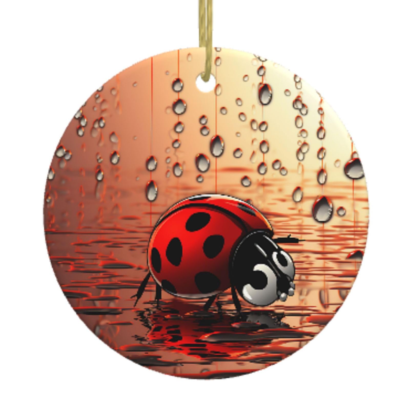 Ceramic Christmas Tree Hanging Ornaments with Gold Ropes Christmas Tree Decorations Round Ceramic Art Ladybug Tracks Pendant Keepsake Decorations for Holiday Xmas Gift Ideas