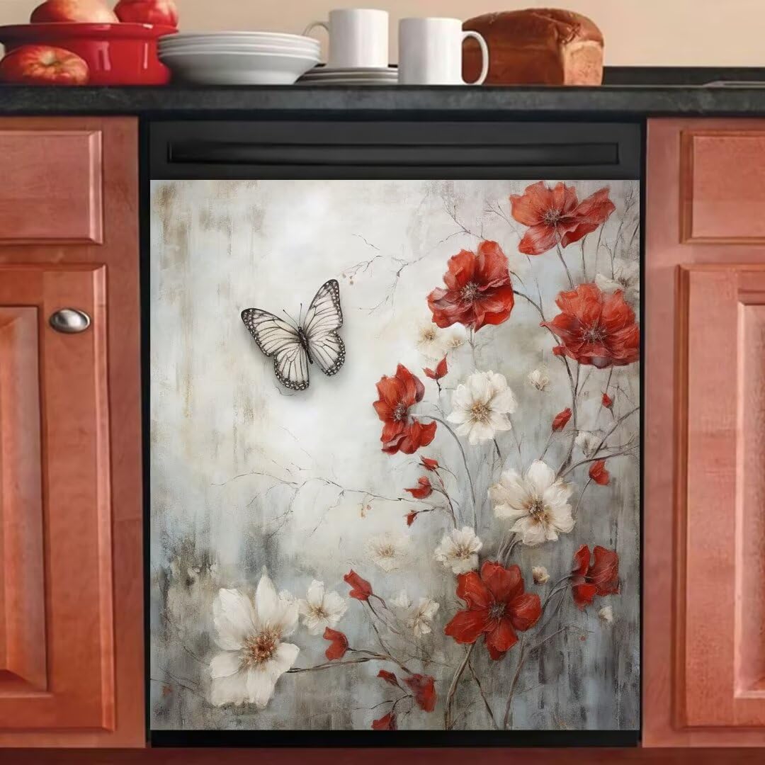 Rustic Farmhouse White and Red Flowers Magnetic Dishwasher Cover Vinyl Decal,Butterfly Kitchen Decor Dishwasher Magnet Cover,Refrigerator Magnet