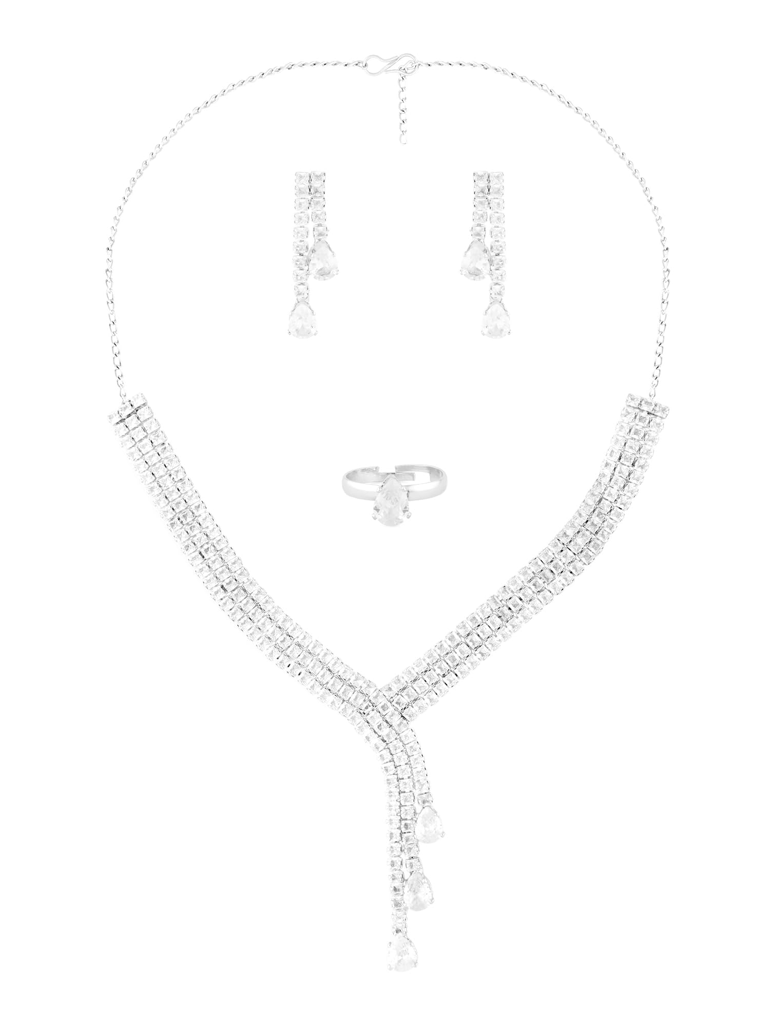 ZAVERI PEARLS Silver Tone Cubic Zirconia Designer Brass Party Lariat Contemparory Necklace Earring & Ring Set For Women-ZPFK16747 (B0CL2DLF5Y) Amazon Price History, Amazon Price Tracker