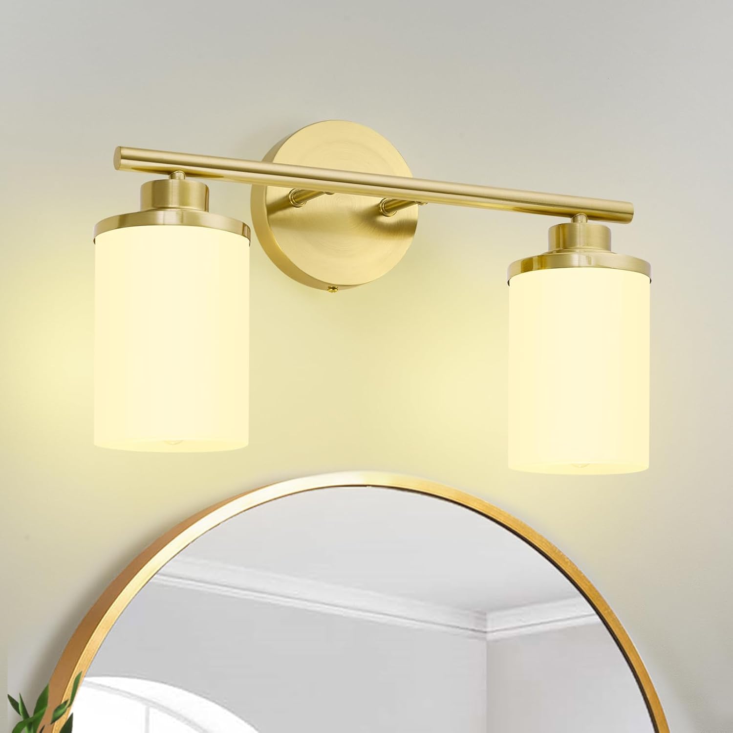Brushed Gold Bathroom Light Fixtures,2-Light Gold Vanity Lights,Brass Bathroom Lights Over Mirror,Mid-Century Modern Wall Sconces with Frosted Glass Shades for Bathroom,Living Room