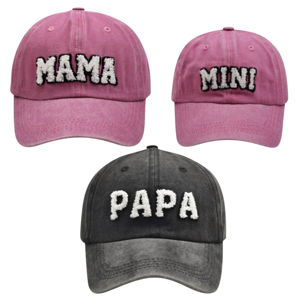 Mama Papa e Mini Cappelli, Regolabile Vintage Cotone Ricamato Genitore Bambino Baseball Capelli, Set di 3 Cappelli Famiglia Abbinati