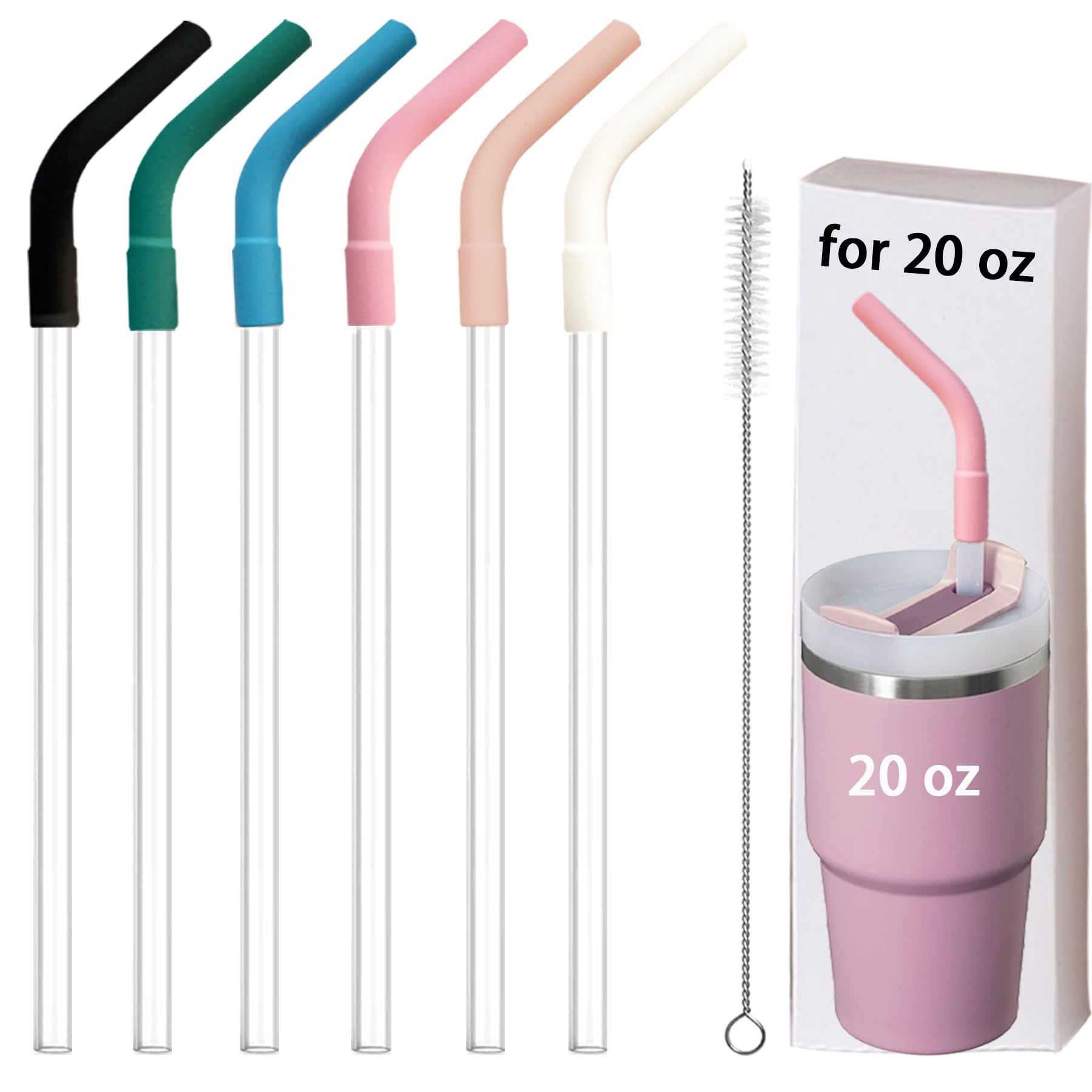 6 Pcs Reusable Silicone Straw Tips with Drinking Long Straws Compatible with Stanley 20 oz Cup Tumbler, 6 Flex Elbow Silicone Straw Covers for 8-10mm Diameter Straws, 1 Straw Cleaning Brush 7.87 inches x 0.3 inches