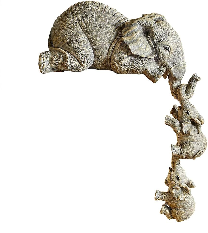 New Elephant Sitter Hand - Set of 3 Figurines With Mother and Two Babies Hanging Edge, Ornament Shelf Table Gift for Home Desktop Decor