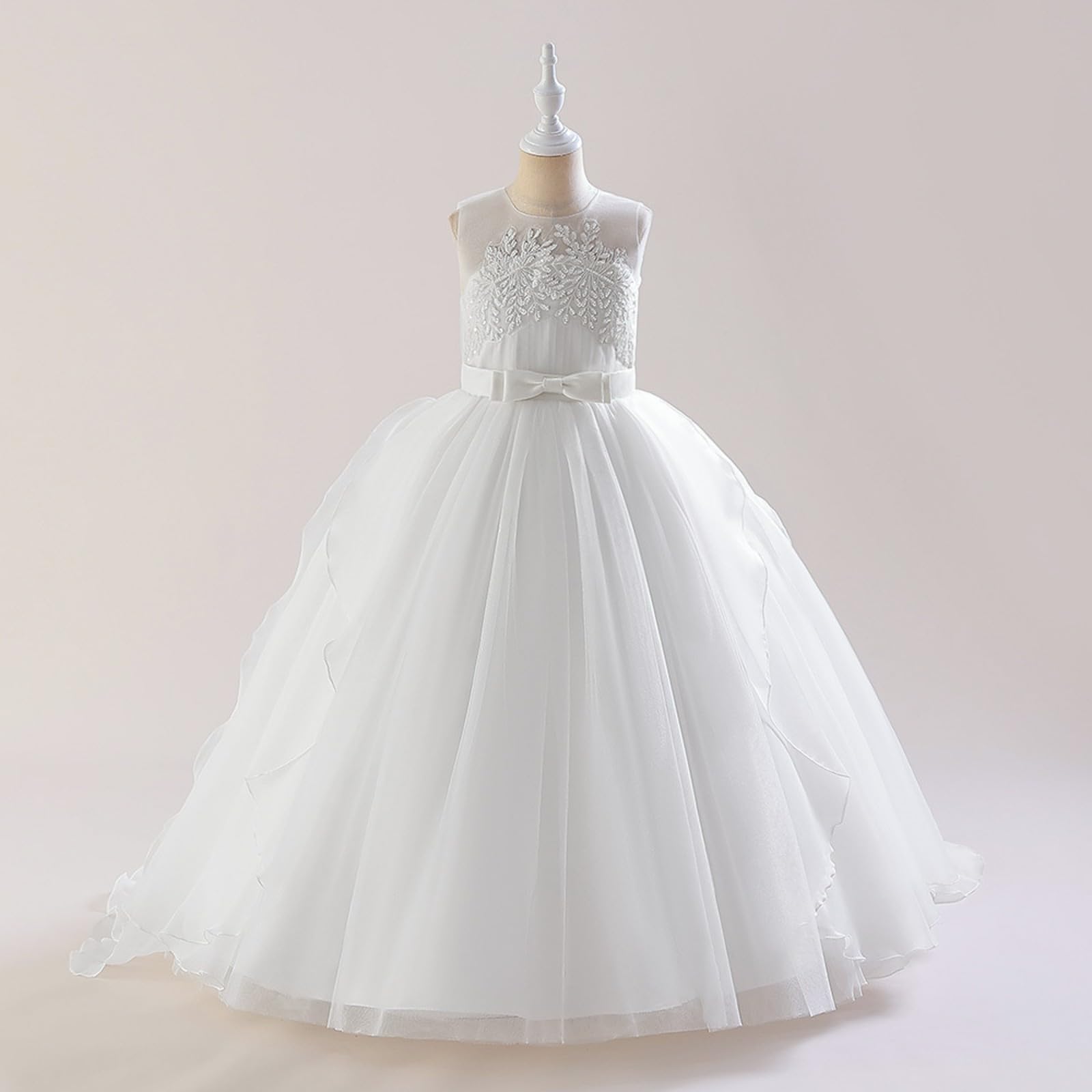 Generisch Vestido de princesa de boda para niñas pequeñas sin mangas bordado floral de encaje tul volantes vestido de noche vestido de novia