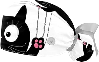 Cartoon Black Cat with Scratch Working Cap with Button & Sweatband, 2 Packs Reusable Surgical Surgery Hats Ponytail Holder, Multi Color