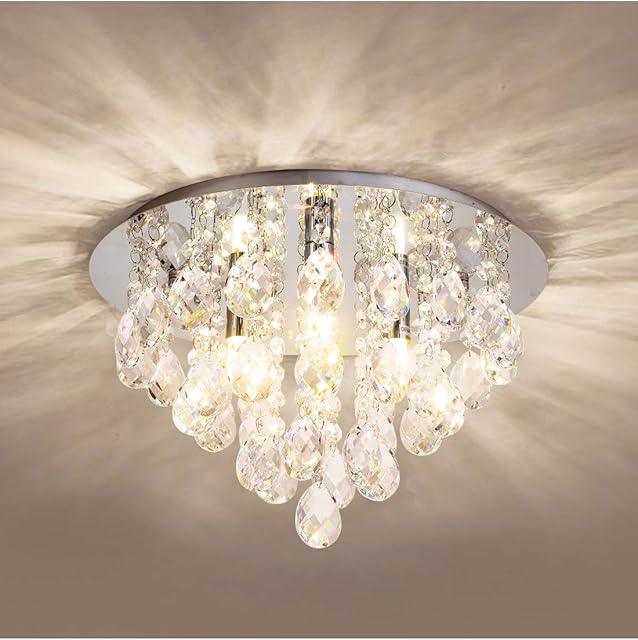 Crystal Ceiling Light,Modern Chandeliers with Crystal Droplets,Chrome Finish,Elegant Flush Mount Ceiling Lighting for Bedroom, Living Room, Bathroom, Hallway