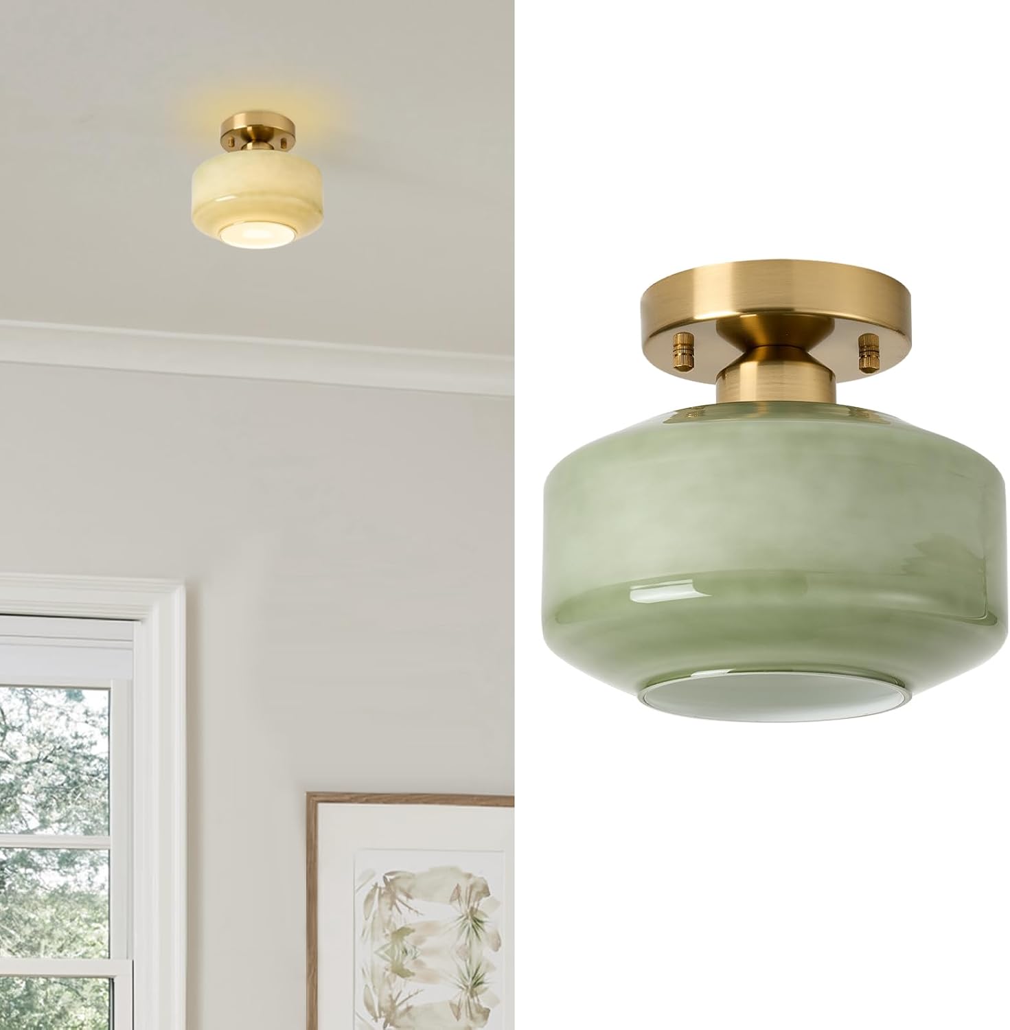 BISAMIYA Modern Semi Flush Mount Ceiling Light, 8.66" Olive Green Milk Glass Shade, Brass Finish Ceiling Light Fixture for Entryway, Hallway, Kitchen, Cafe, Bar