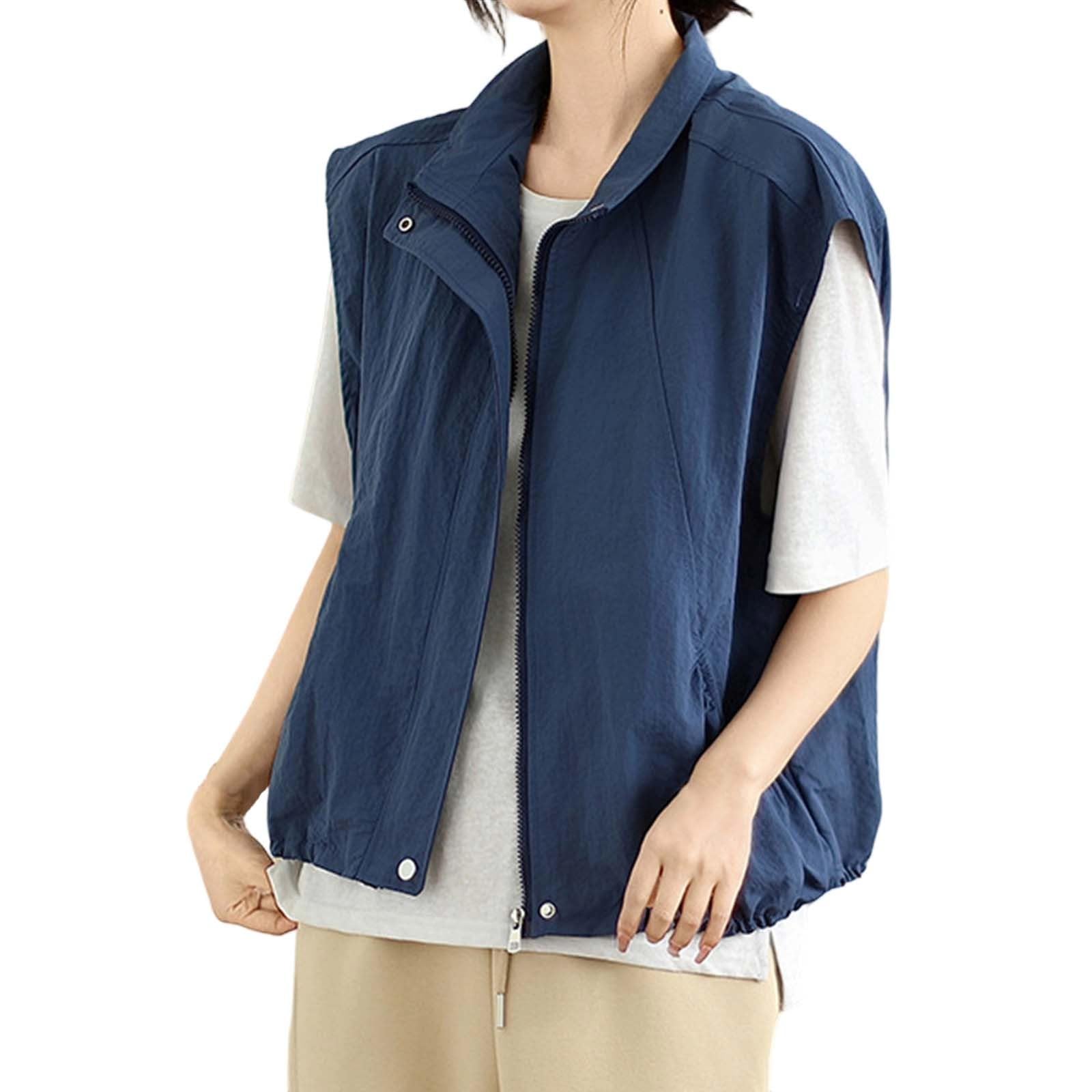 Generisch Leichte Damenweste mit Stehkragen, ärmellose Jacke mit Reißverschluss und Kordelzug, lässiger Windbreaker für Frühling und Sommer