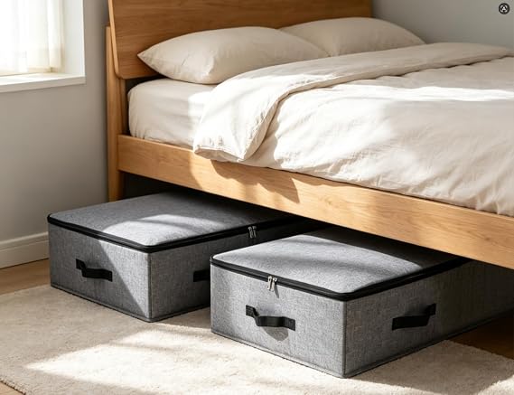 Under Bed Storage Box with Lid, 74.5×38×18cm, Black Grey