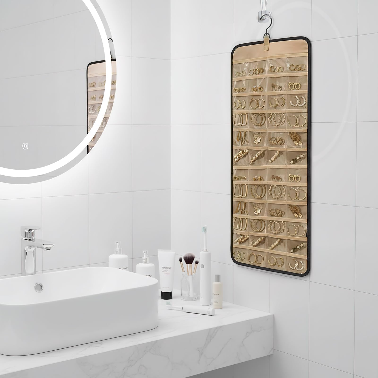 Organizador de Joyas Colgante de Doble Cara con Ganchos de Metal,Almacenamiento a Prueba de Polvo para Pendientes,Collares y Anillos–Joyero Colgante para Armario,Pared o Puerta (Negro,1 Pieza)