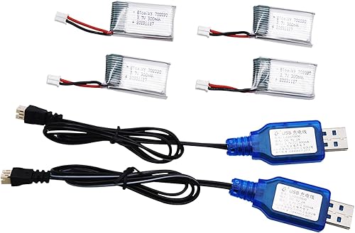 Miniatura 5 de Blomiky Paquete de 4 baterías Lipo de 3.7 V 1S 300 mAh con enchufe Ph2.0 y 2 cables USB adecuados para algún tipo de dron MIni Nano RC Quadcopter