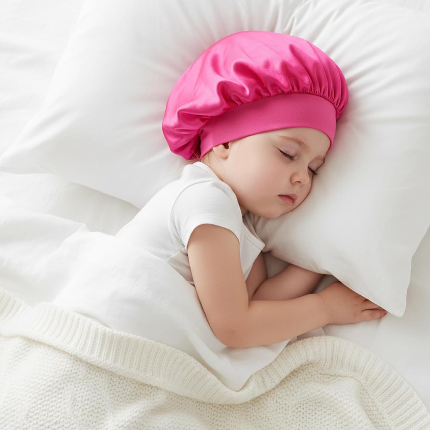 Satin Bonnets for Baby, Kids Bonnets for Girls, Satin Silk Hair Bonnet for Sleeping, 2 Pcs Silk Sleep Cap and 2 Pcs Soft Pink Hairs Tie for Curly Hair Braids for Teens Child Toddler