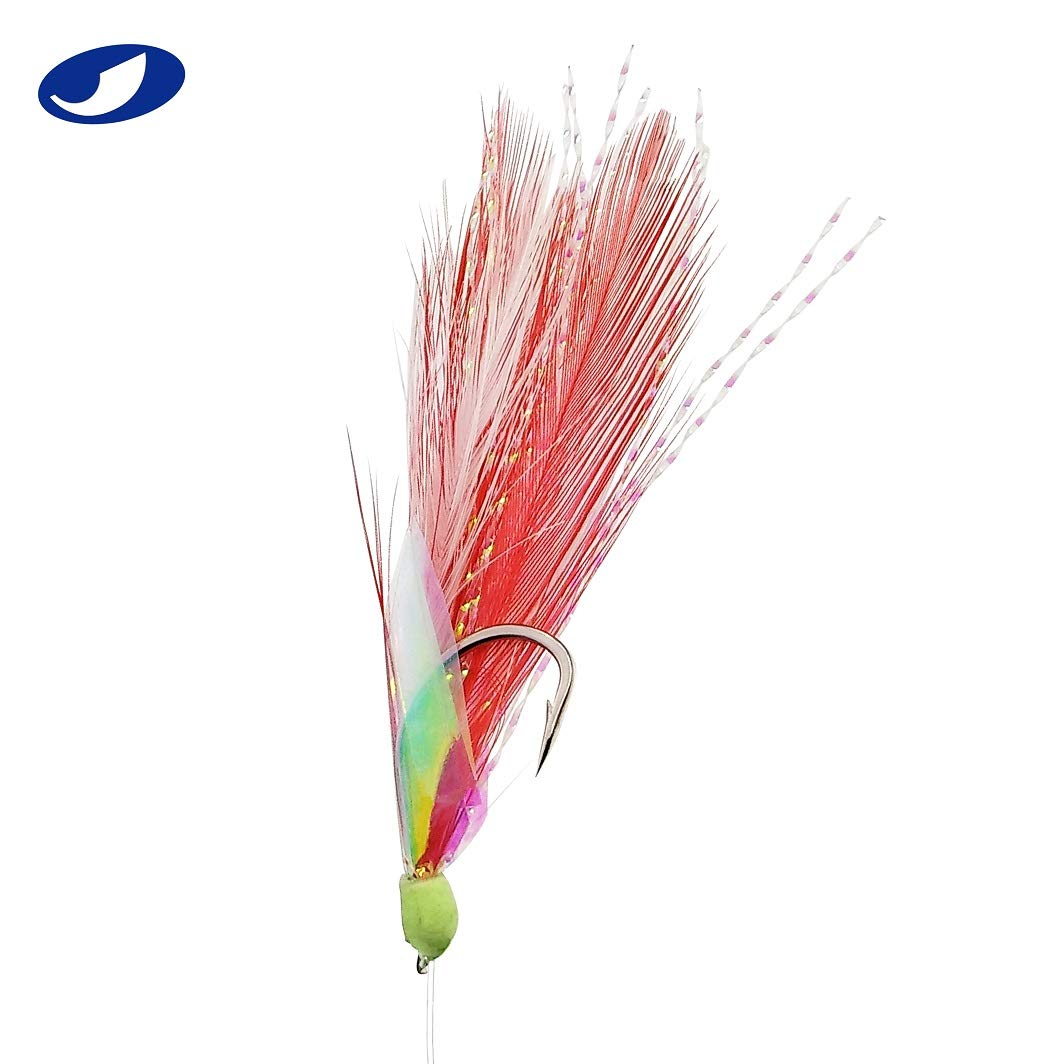 OceanCat 10 paquetes de 6 anzuelos de pesca de agua salada con plumas blancas y rojas, anzuelo de pesca de agua dulce, anzuelo para pesca 2/0#1/0#1#2#6#8#10#, 5#, Rojo