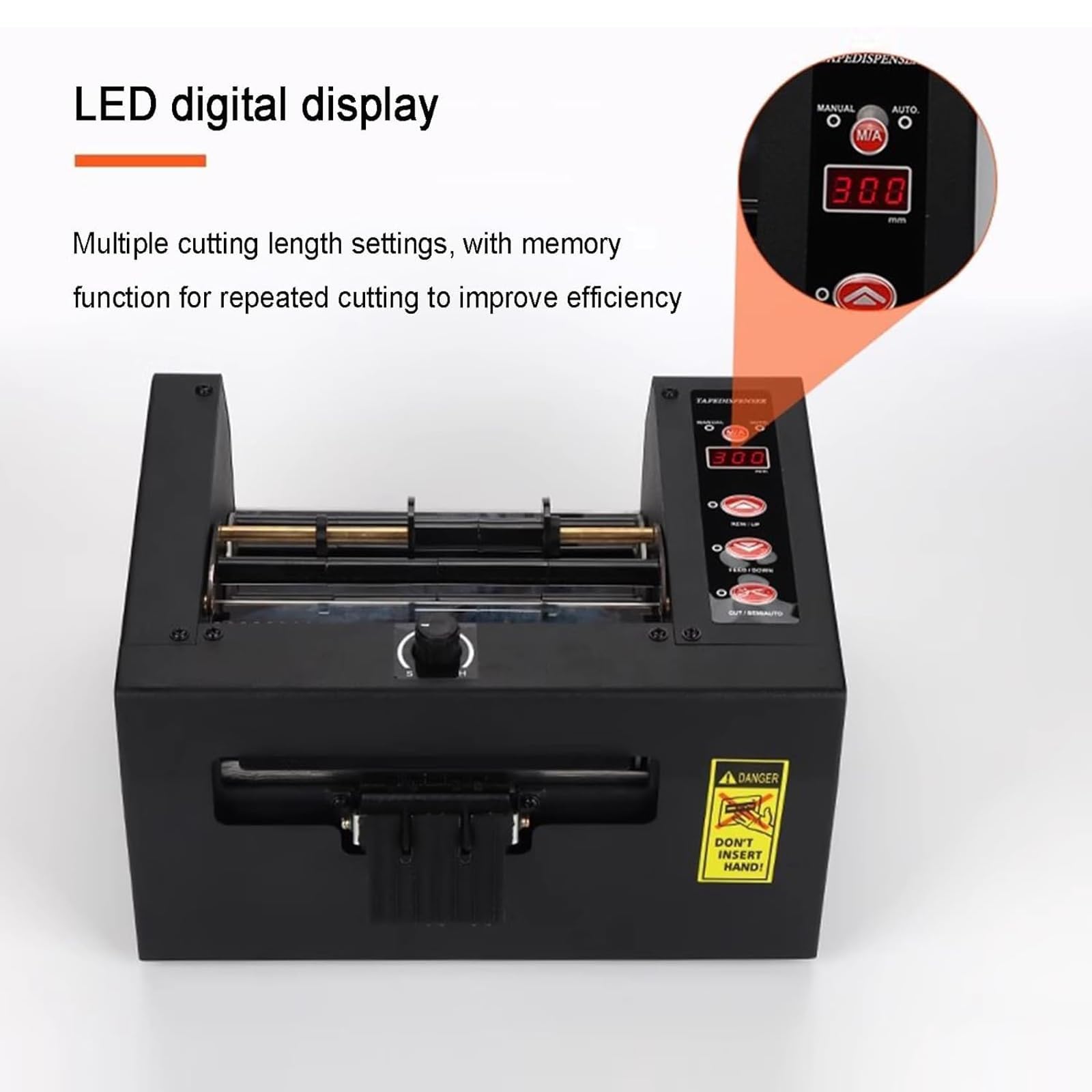 Dispenser elettrico per nastro adesivo con display a LED, taglia nastro lunghezza 15-999 mm, compatibile con nastri adesivi fino a 80/150 mm di larghezza, per uso domestico e industriale