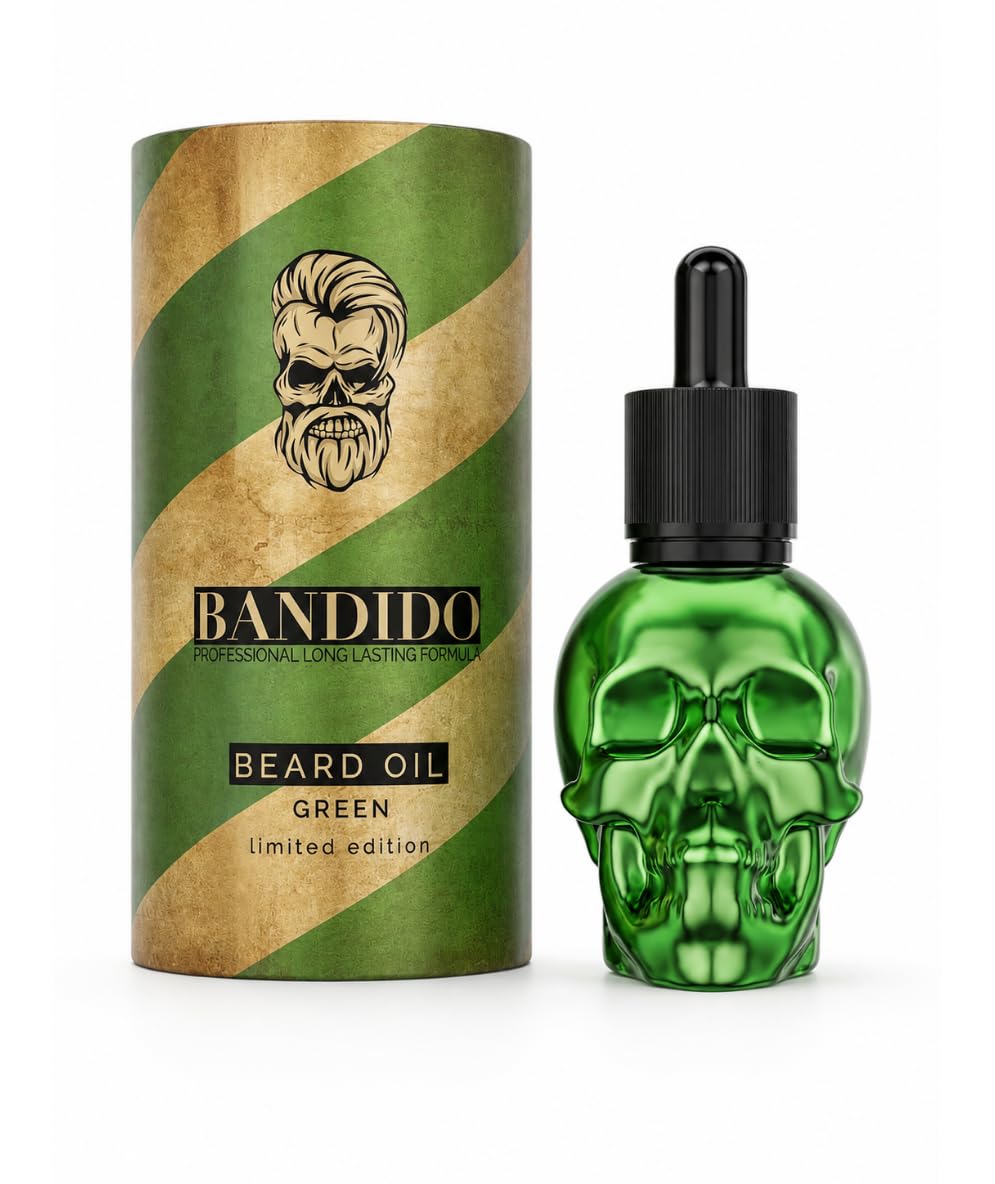 Bandido Olio per barba, per la cura quotidiana della barba di 3 giorni o barba piena, idea regalo per gli uomini, 40 ml con dispenser per pipetta, design teschio, siero per barba, colore verde