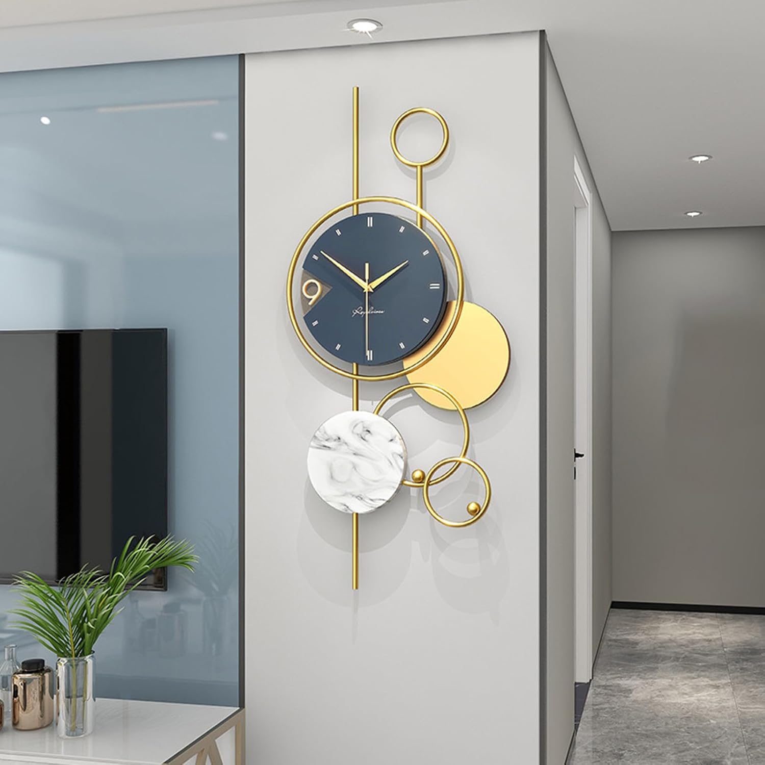 JTLB Silent Modern Wall Clock, Elegant Marble Texture, Iron Art, Brass Movement