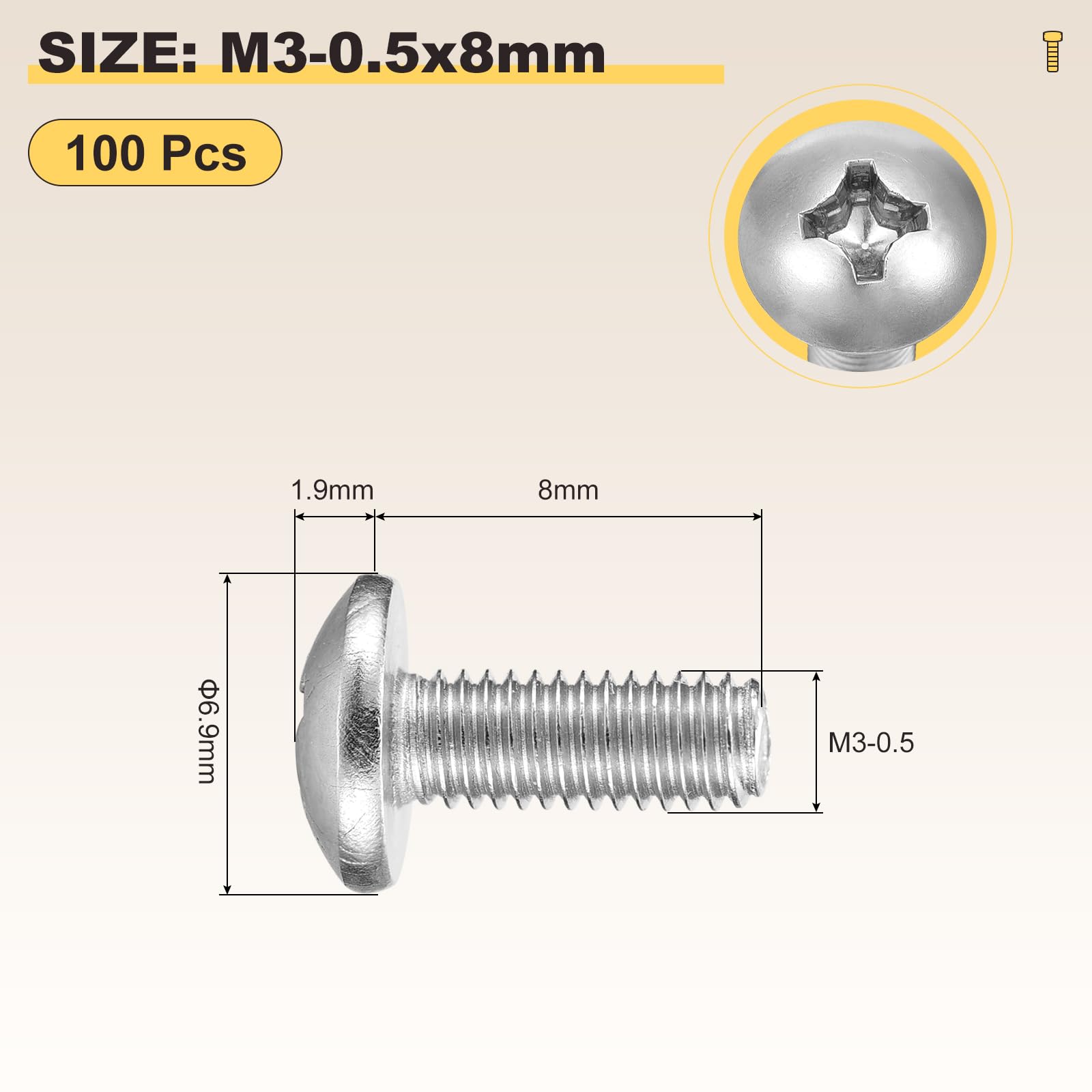 METALLIXITY Machine Screws Phillips Head(M3-0.5x8) 100Pcs, 304 Stainless Steel Round Head Phillips Drive Furniture Bolts - Image 2
