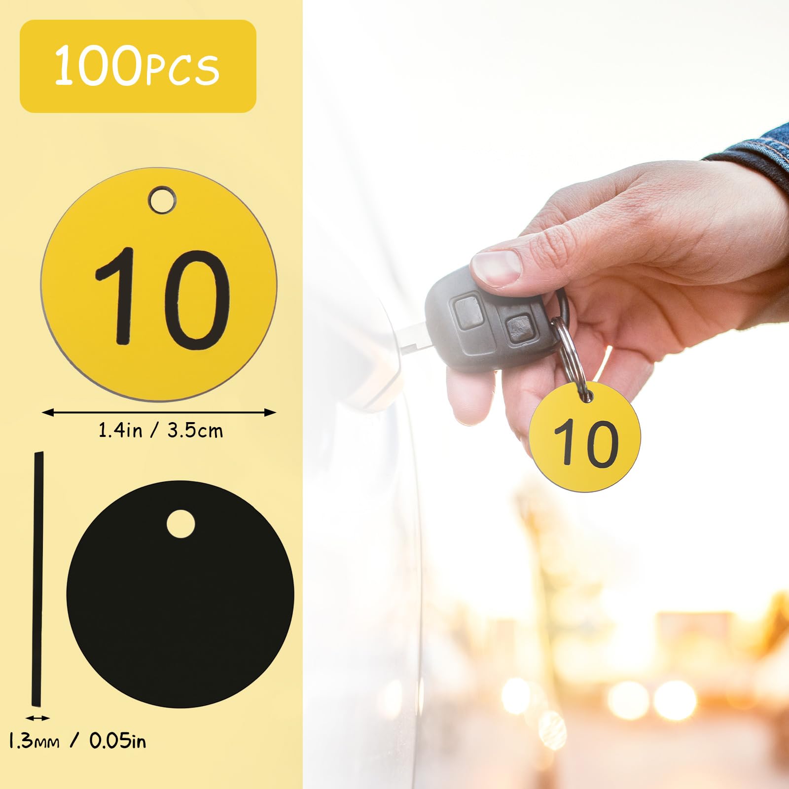 Tenare 100 Etichette Numerate in Plastica Gettoni con Numeri 1-100 Piccole Targhette Identificative Impermeabili con Foro per Guardaroba Hotel Bagagli Club, Senza Anelli Portachiavi (Giallo, Nero)