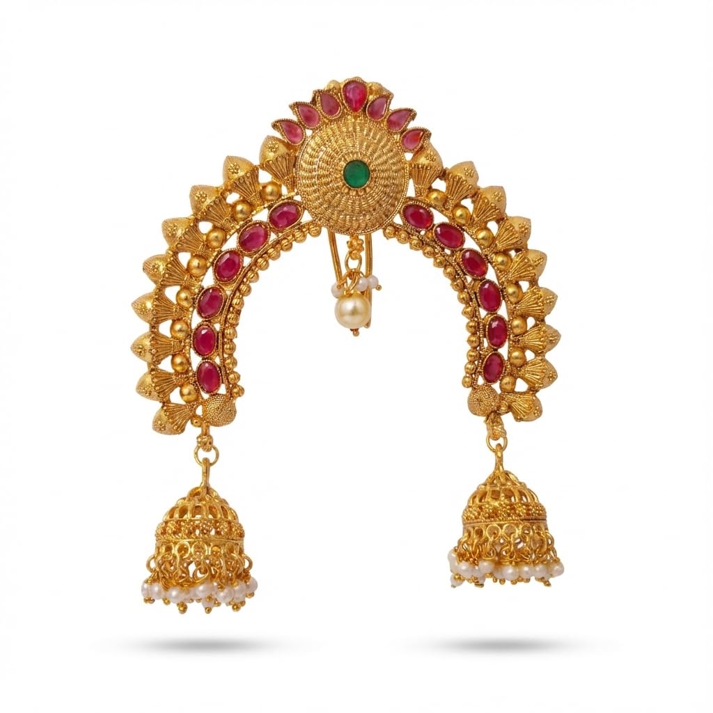 traditional maharashtrian ambada pin gold plated | kundan, ruby & green stones | pearl drops | bridal juda hair accessory for women | khopa | hair brooch | hair pin
