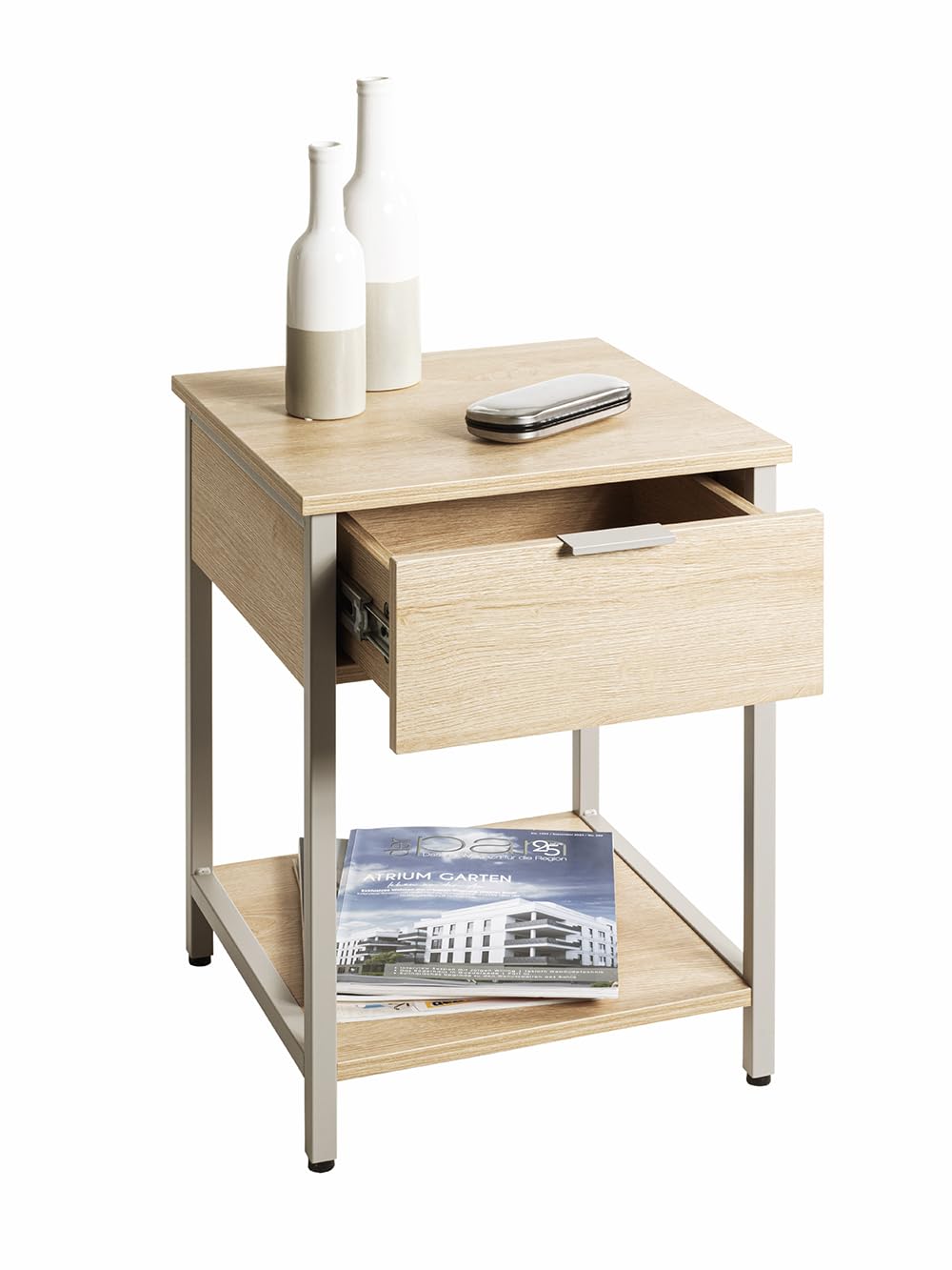 HAKU Table d'appoint avec tiroir, chêne Naturel, Gris Cachemire, métal, aggloméré, Table Basse Moderne avec tiroir - Dimensions : L 40 x H 55 x P 40 cm Style : Moderne