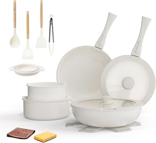 22Pcs Non Stick Pots and Pans Set | Ceramic Cookware Set with Detachable Handle | PFAS-Free, Oven & Induction Safe (White)