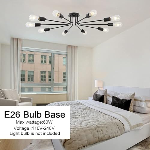 Miniatura 5 de Lámpara de techo con 10 luces vintage de metal semiempotrado, lámpara de techo negra para sala de estar, comedor, cocina, pasillo, cafetería