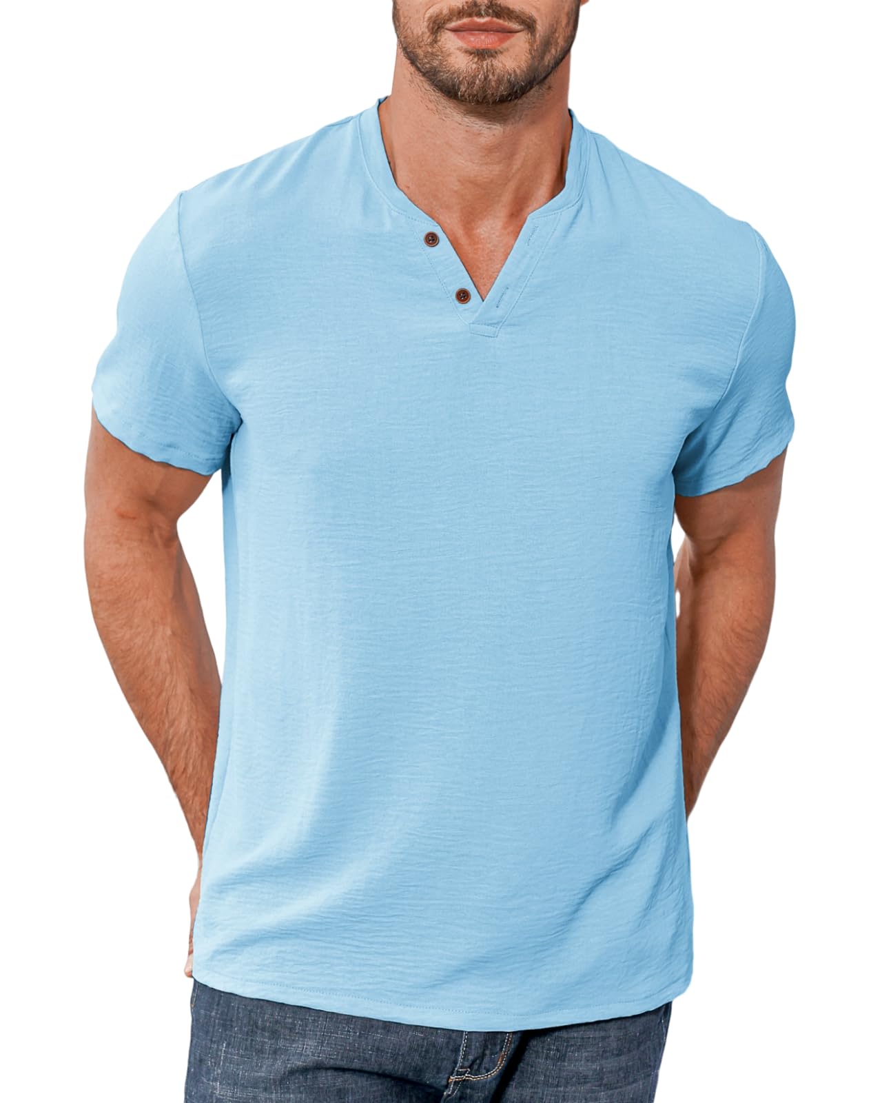 LAOARA Henry Maglietta da uomo estiva, a maniche corte, con bottoni, per vacanze, casual, leggera